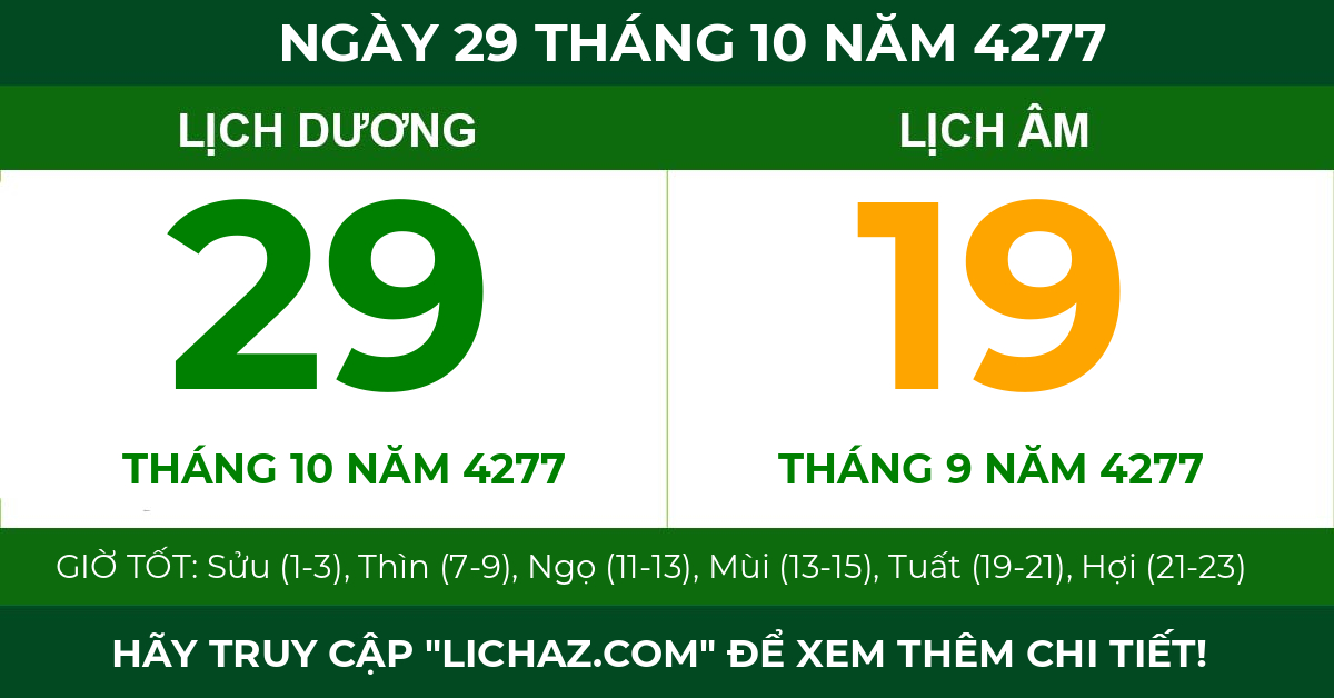 lịch âm ngày 29 tháng 10 năm 4277