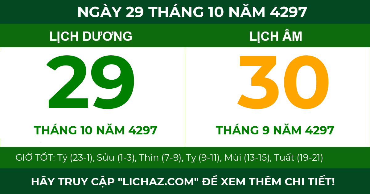 lịch âm ngày 29 tháng 10 năm 4297