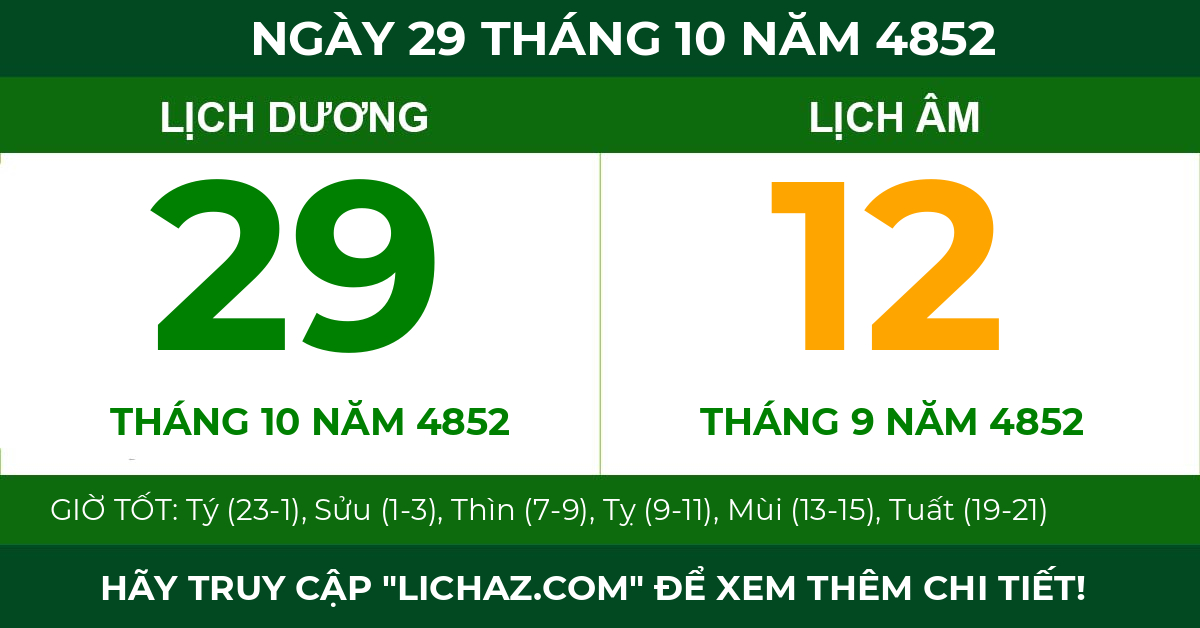 lịch âm ngày 29 tháng 10 năm 4852