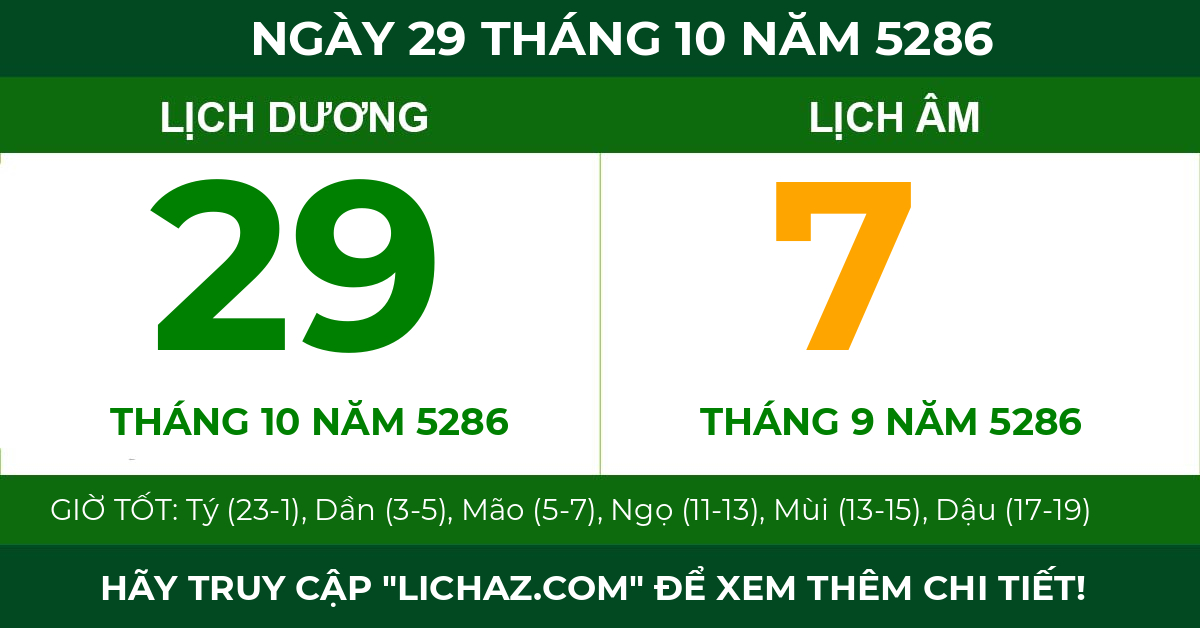 lịch âm ngày 29 tháng 10 năm 5286