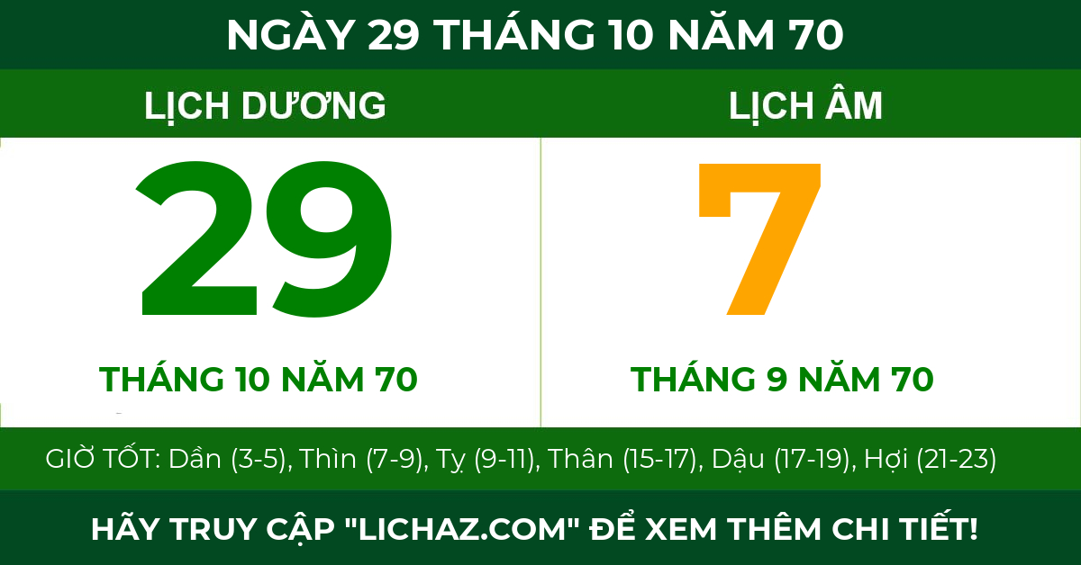 lịch âm ngày 29 tháng 10 năm 70