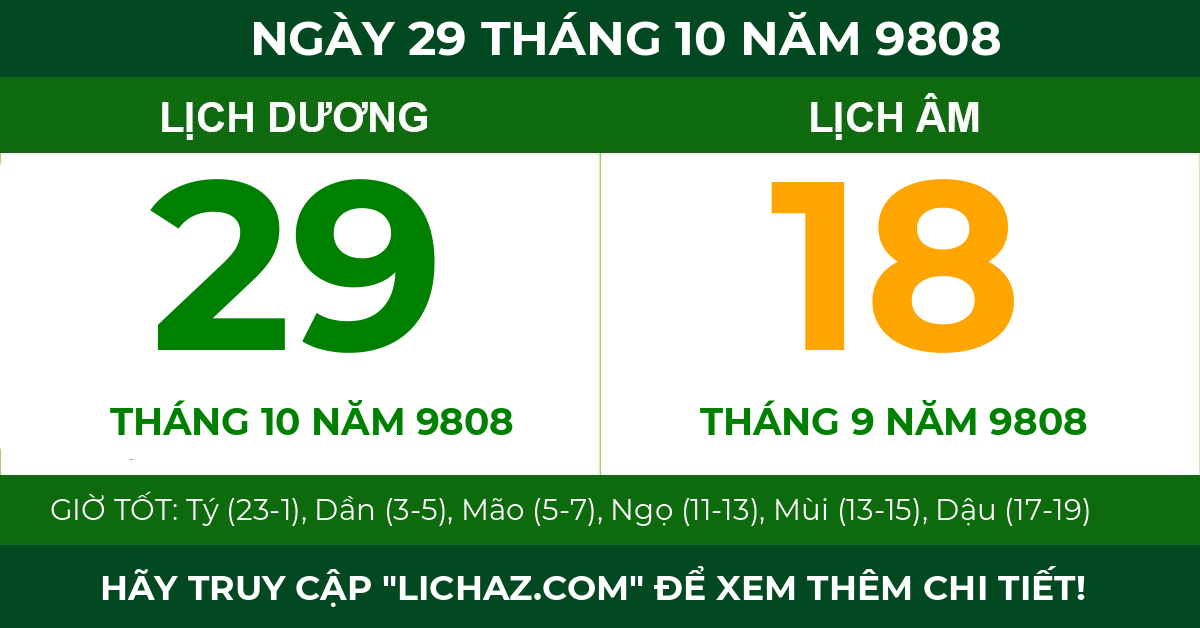 lịch âm ngày 29 tháng 10 năm 9808