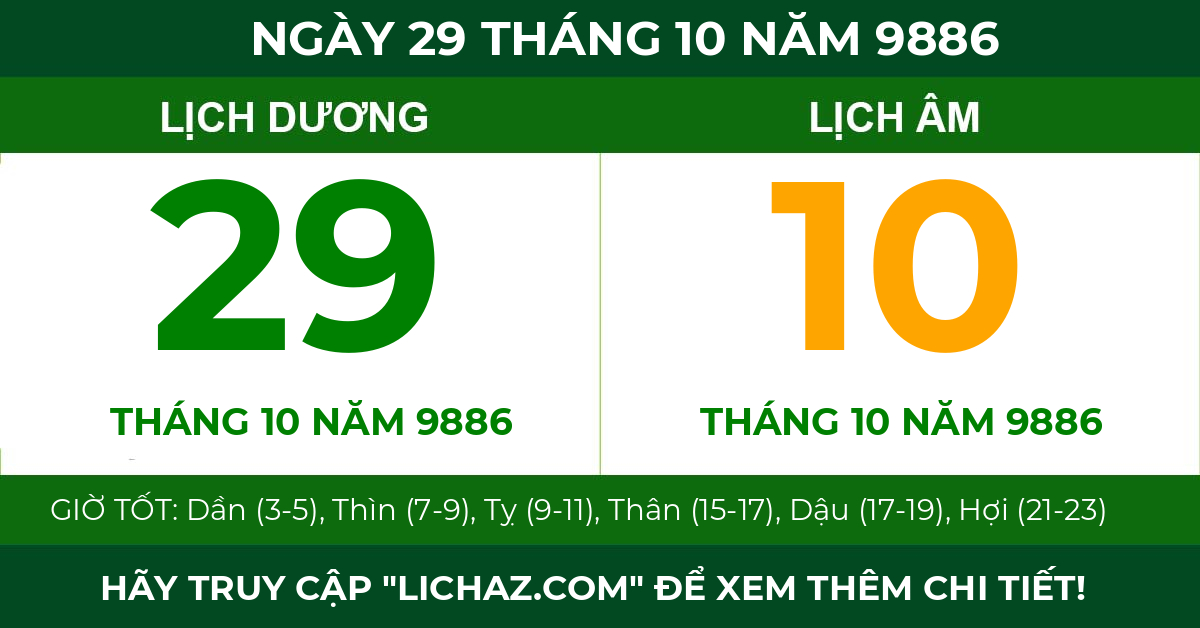lịch âm ngày 29 tháng 10 năm 9886