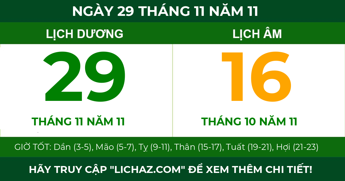 lịch âm ngày 29 tháng 11 năm 11
