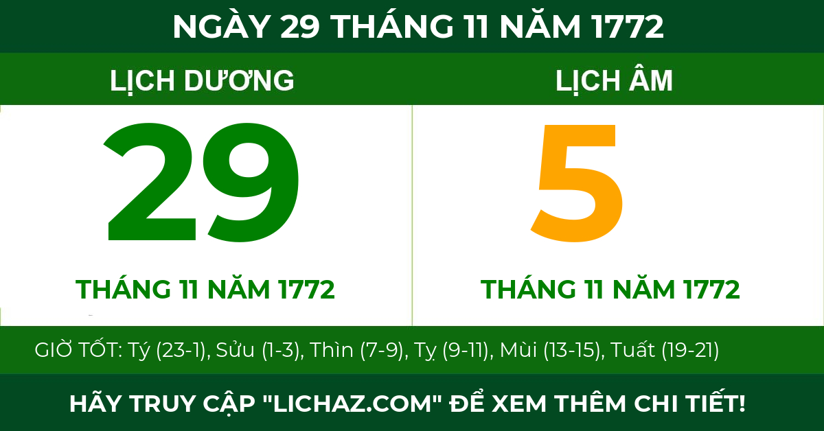 lịch âm ngày 29 tháng 11 năm 1772