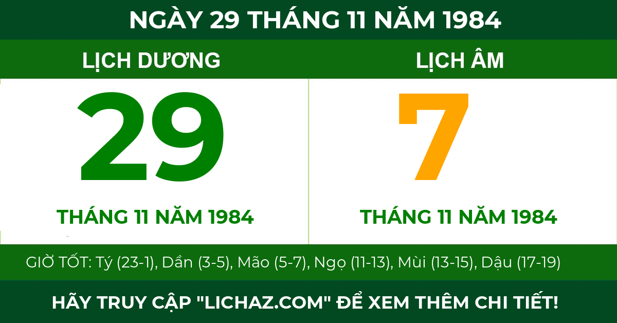 lịch âm ngày 29 tháng 11 năm 1984