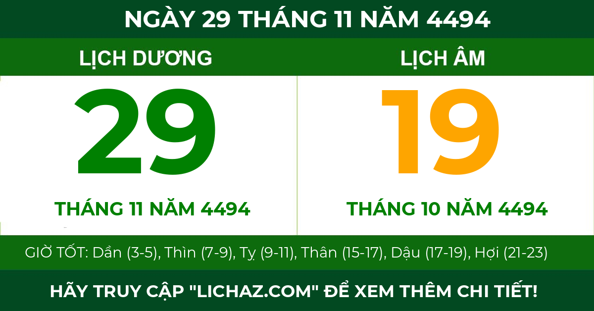 lịch âm ngày 29 tháng 11 năm 4494