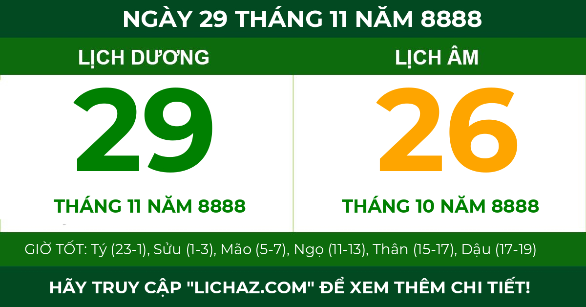 lịch âm ngày 29 tháng 11 năm 8888