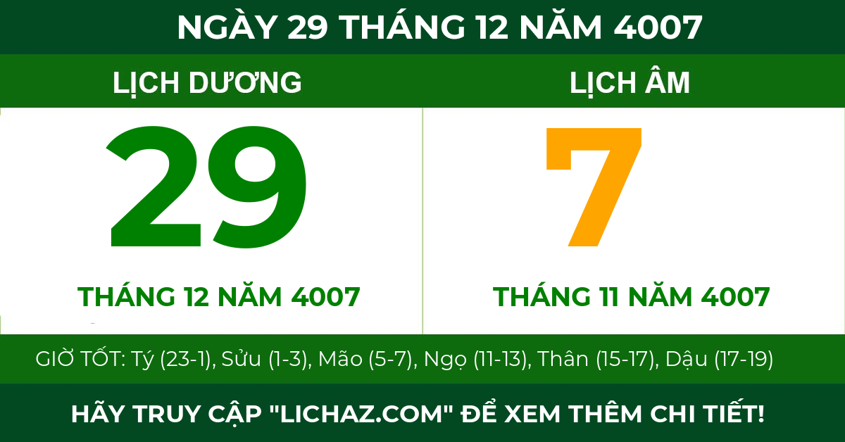 lịch âm ngày 29 tháng 12 năm 4007
