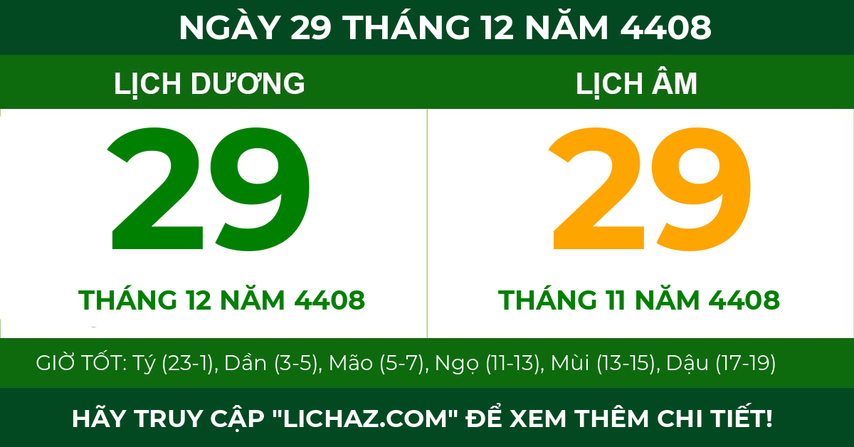 lịch âm ngày 29 tháng 12 năm 4408