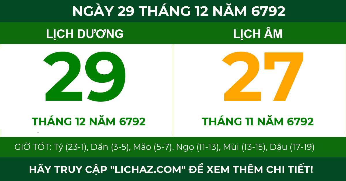 lịch âm ngày 29 tháng 12 năm 6792