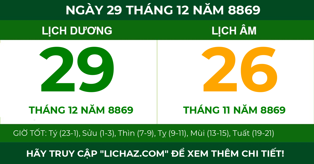 lịch âm ngày 29 tháng 12 năm 8869