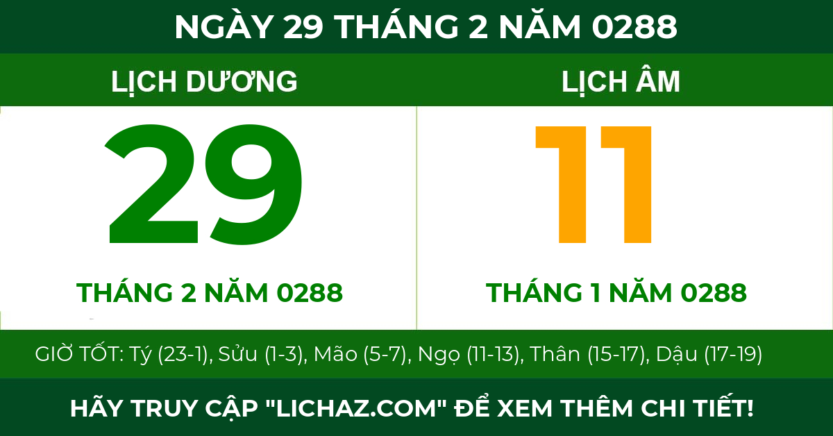 lịch âm ngày 29 tháng 2 năm 0288