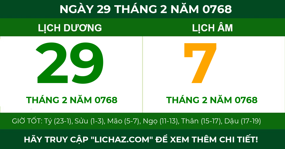 lịch âm ngày 29 tháng 2 năm 0768