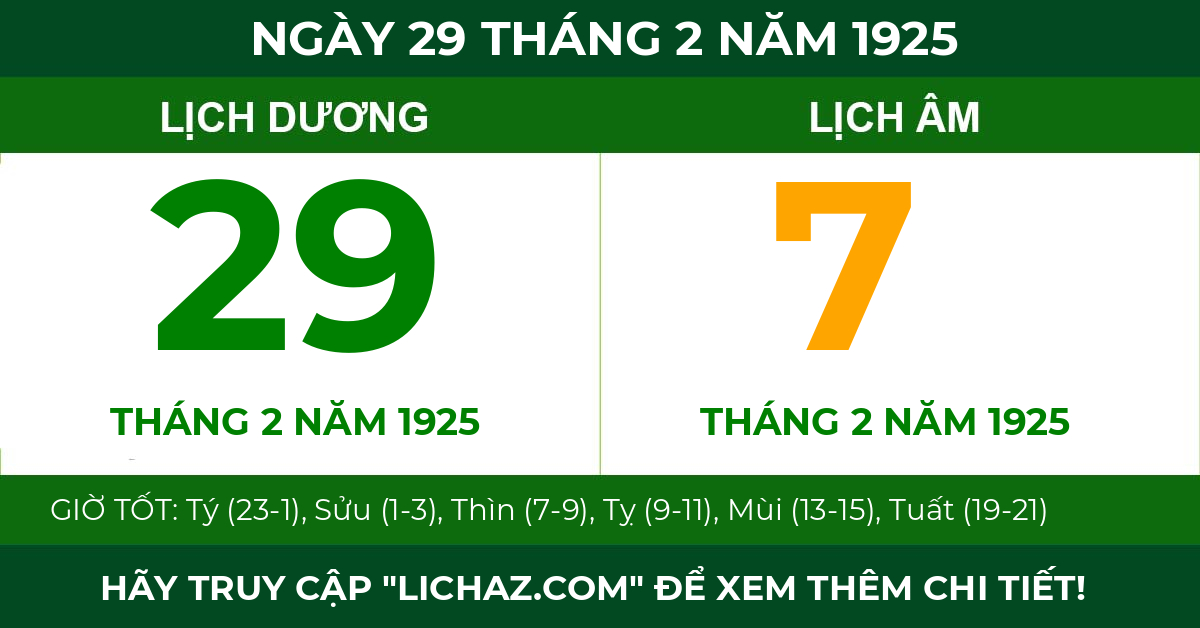 lịch âm ngày 29 tháng 2 năm 1925