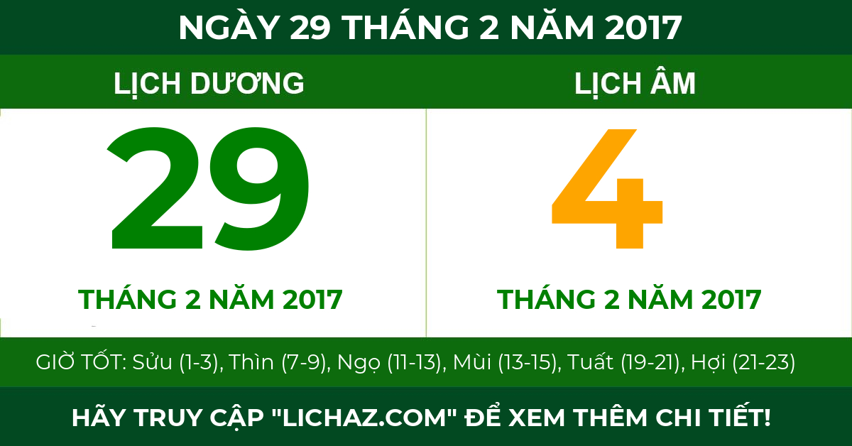 lịch âm ngày 29 tháng 2 năm 2017