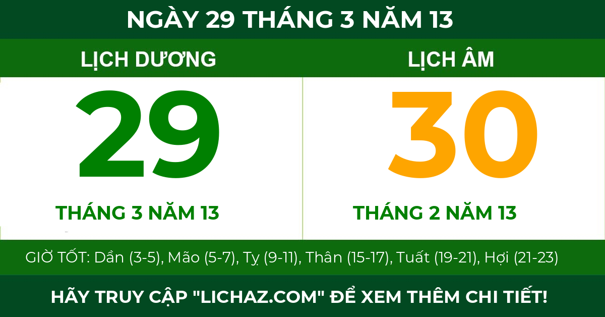 lịch âm ngày 29 tháng 3 năm 13