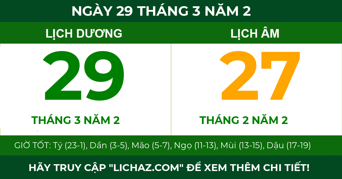 lịch âm ngày 29 tháng 3 năm 2
