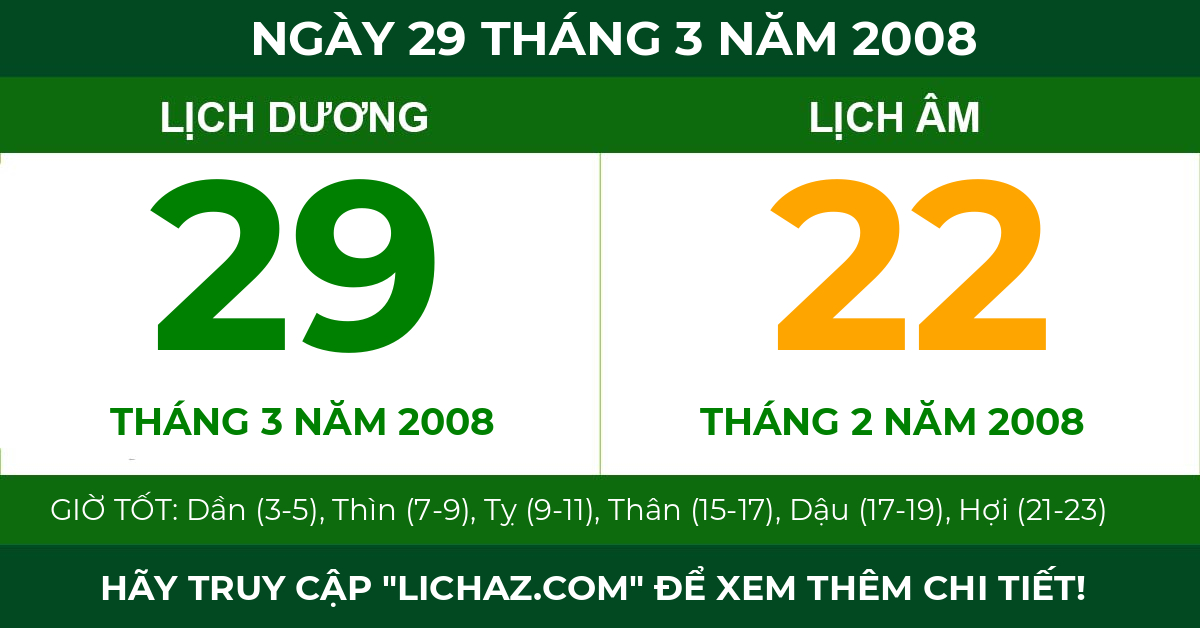 lịch âm ngày 29 tháng 3 năm 2008