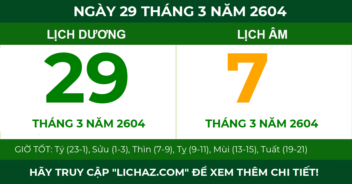 lịch âm ngày 29 tháng 3 năm 2604