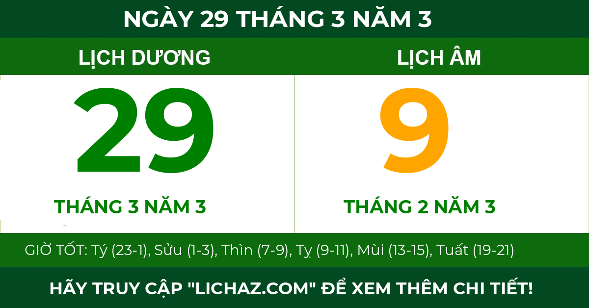 lịch âm ngày 29 tháng 3 năm 3
