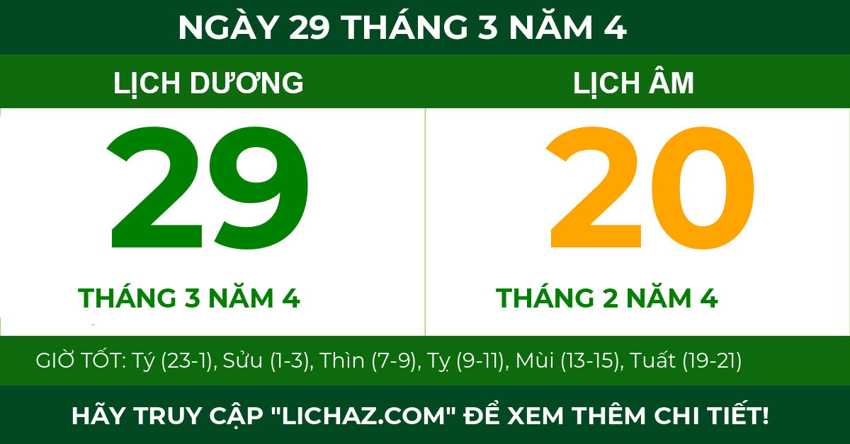 lịch âm ngày 29 tháng 3 năm 4