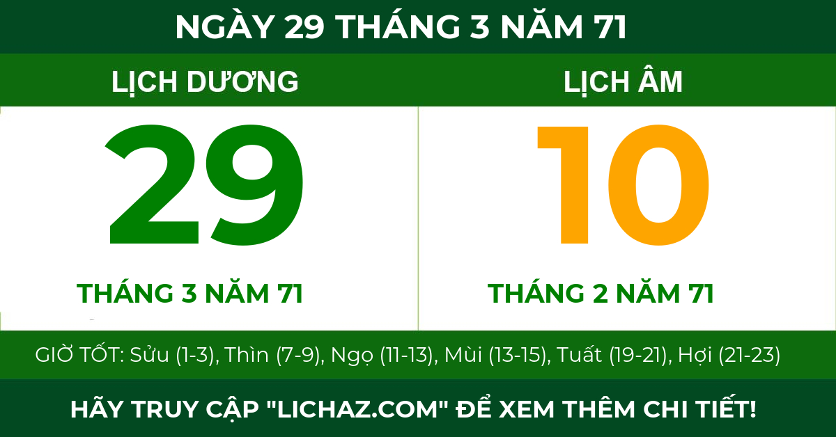 lịch âm ngày 29 tháng 3 năm 71