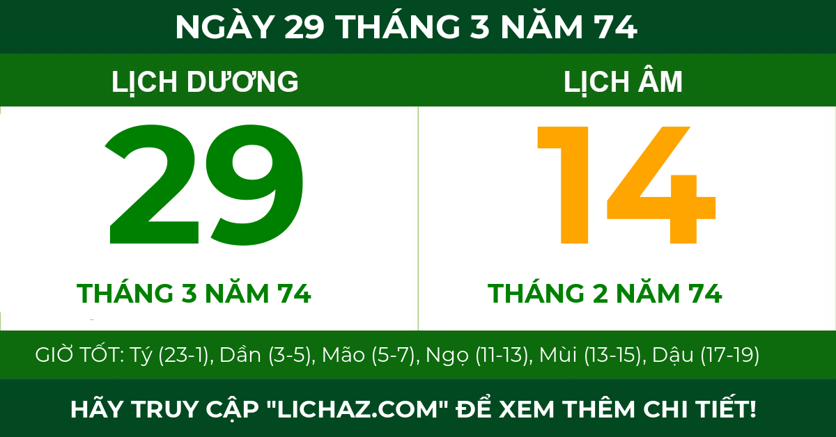 lịch âm ngày 29 tháng 3 năm 74