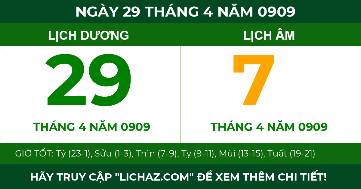 lịch âm ngày 29 tháng 4 năm 0909