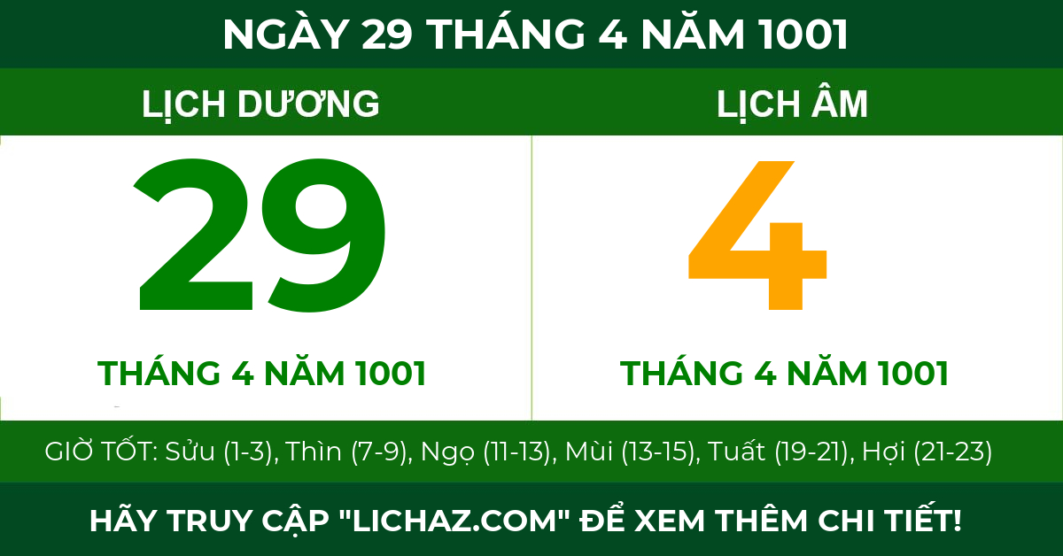 lịch âm ngày 29 tháng 4 năm 1001