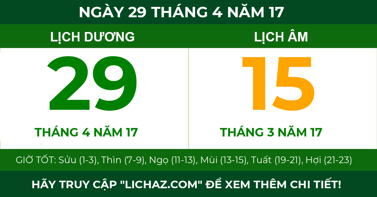 lịch âm ngày 29 tháng 4 năm 17