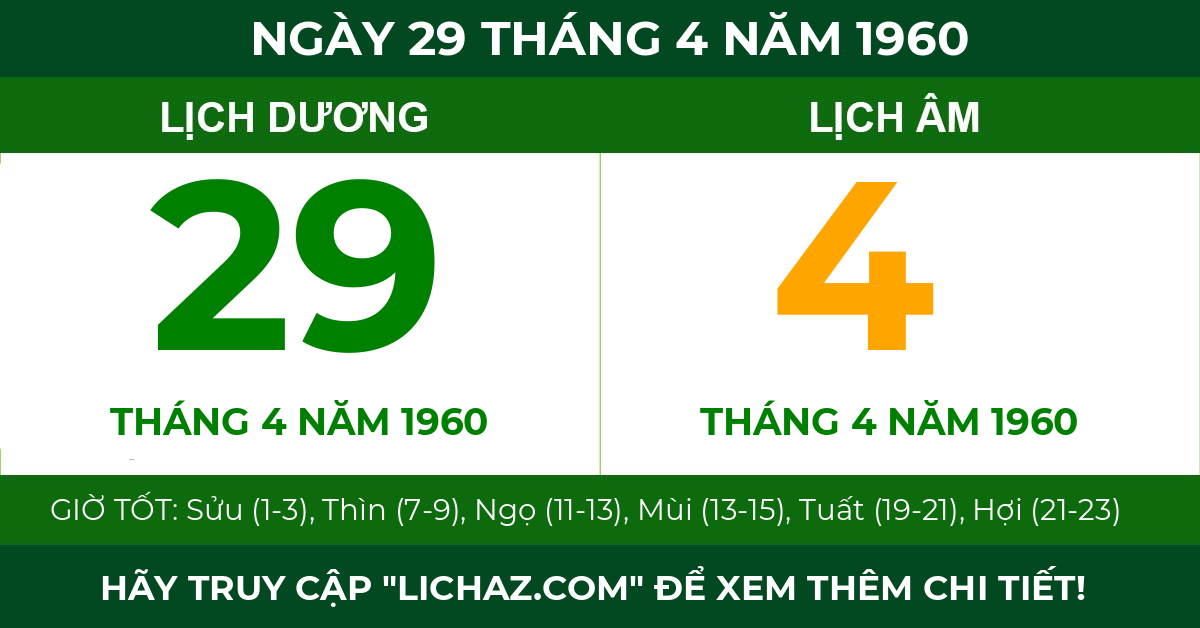 lịch âm ngày 29 tháng 4 năm 1960
