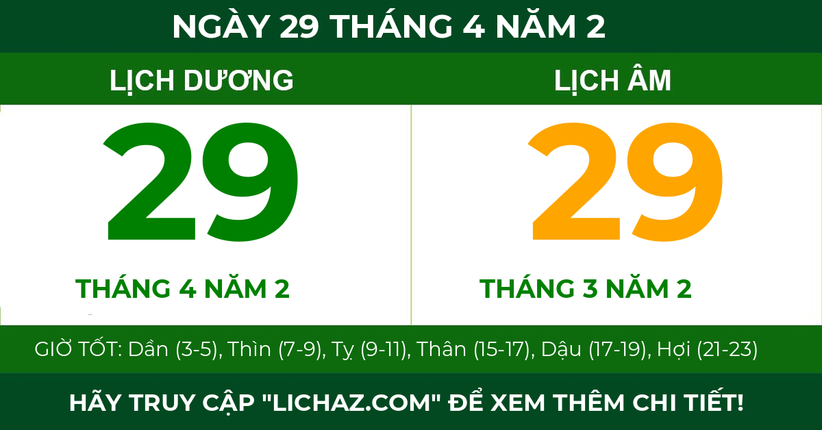 lịch âm ngày 29 tháng 4 năm 2