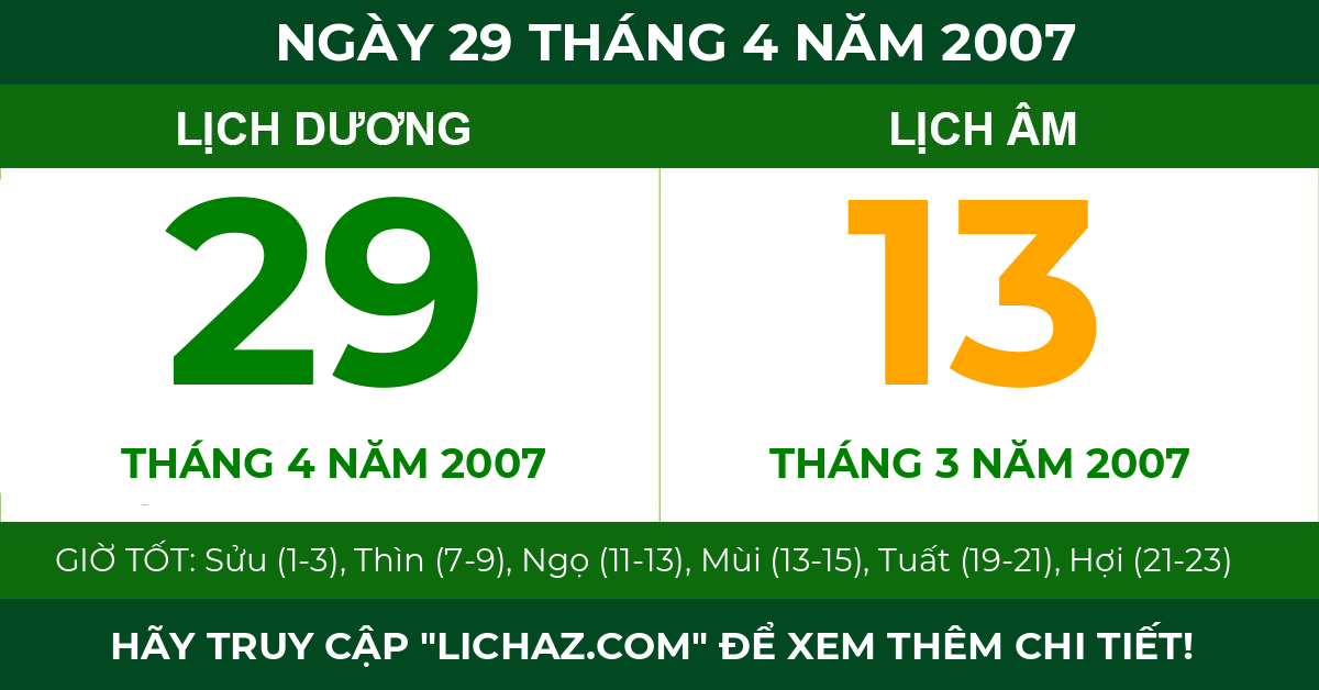 lịch âm ngày 29 tháng 4 năm 2007
