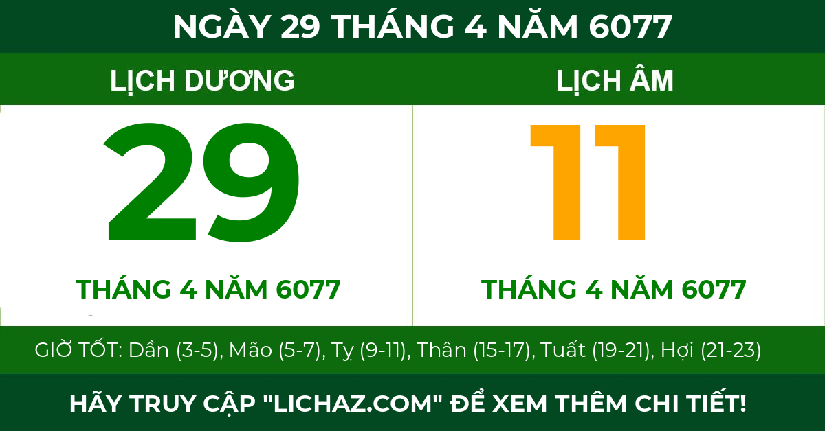 lịch âm ngày 29 tháng 4 năm 6077
