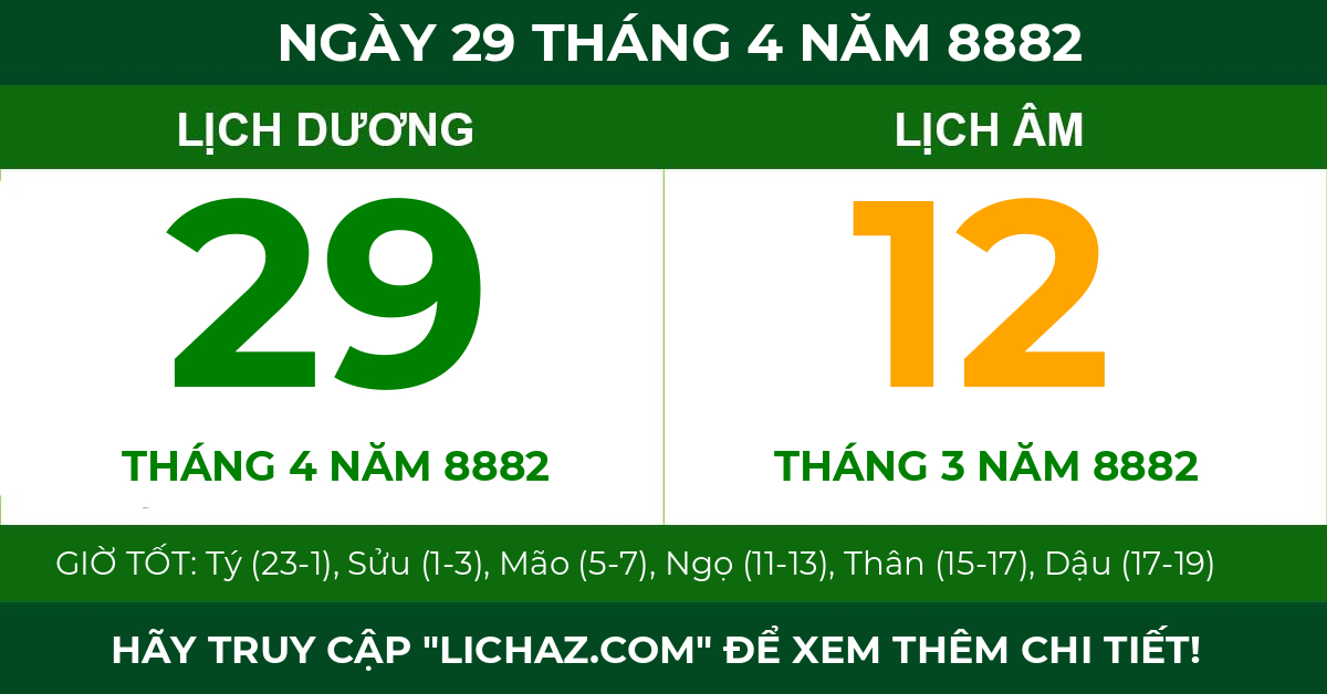lịch âm ngày 29 tháng 4 năm 8882