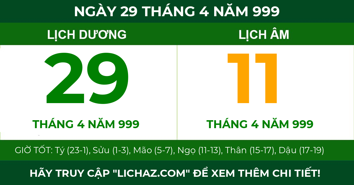 lịch âm ngày 29 tháng 4 năm 999