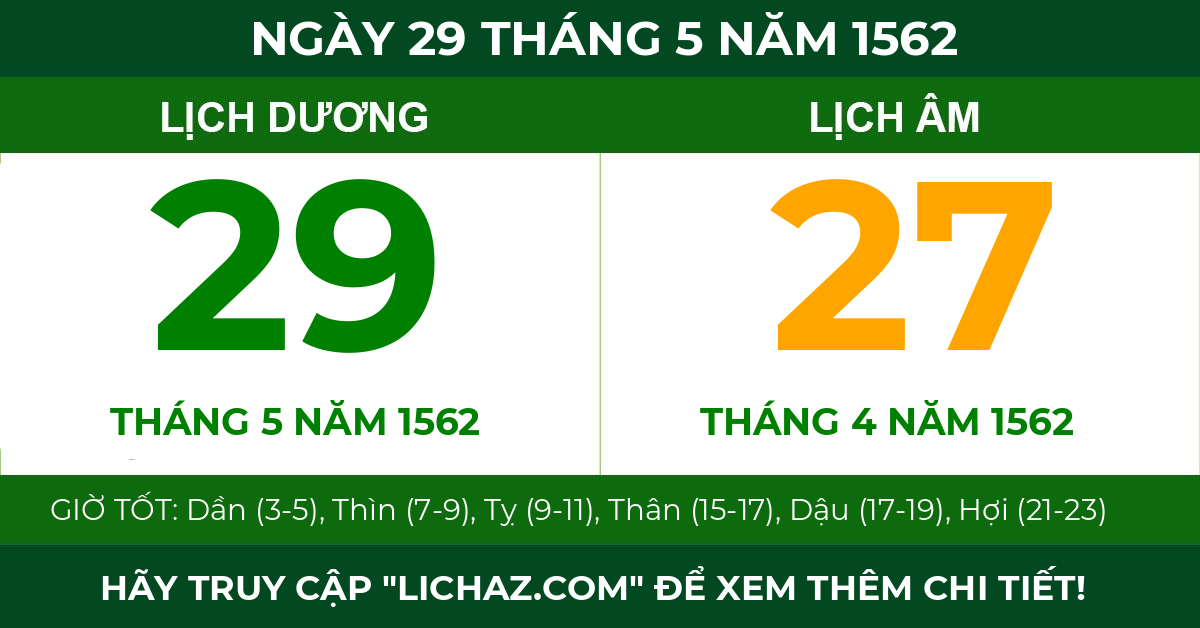 lịch âm ngày 29 tháng 5 năm 1562