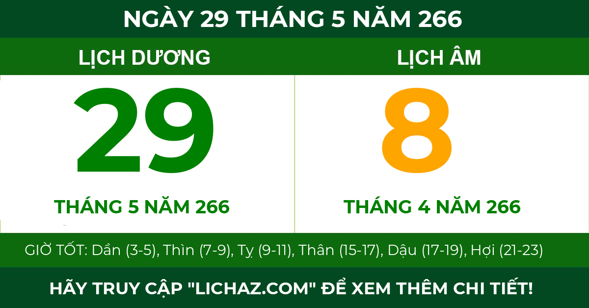 lịch âm ngày 29 tháng 5 năm 266
