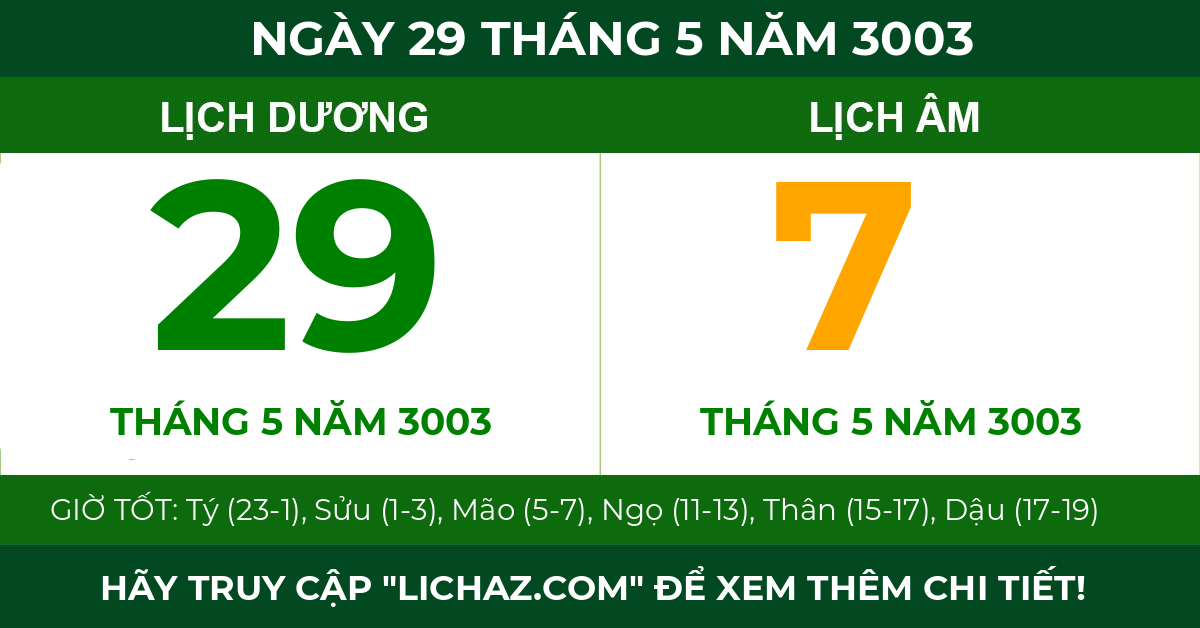 lịch âm ngày 29 tháng 5 năm 3003
