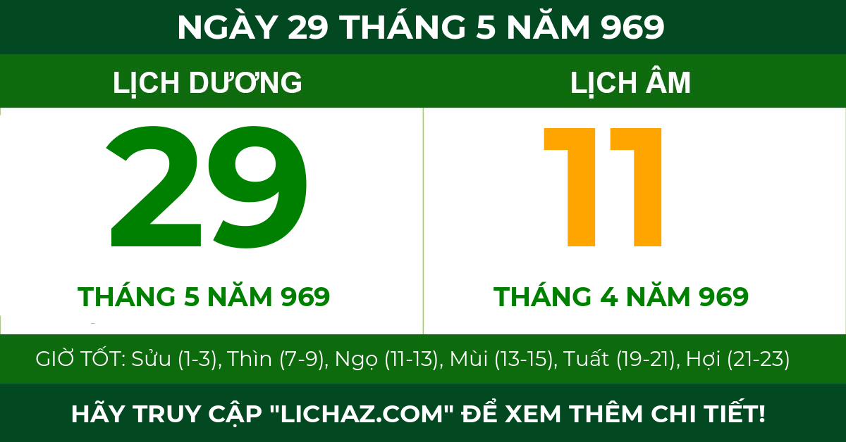 lịch âm ngày 29 tháng 5 năm 969
