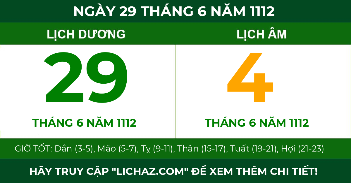 lịch âm ngày 29 tháng 6 năm 1112