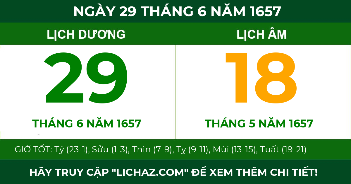 lịch âm ngày 29 tháng 6 năm 1657