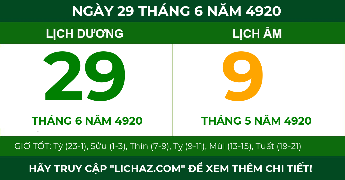 lịch âm ngày 29 tháng 6 năm 4920