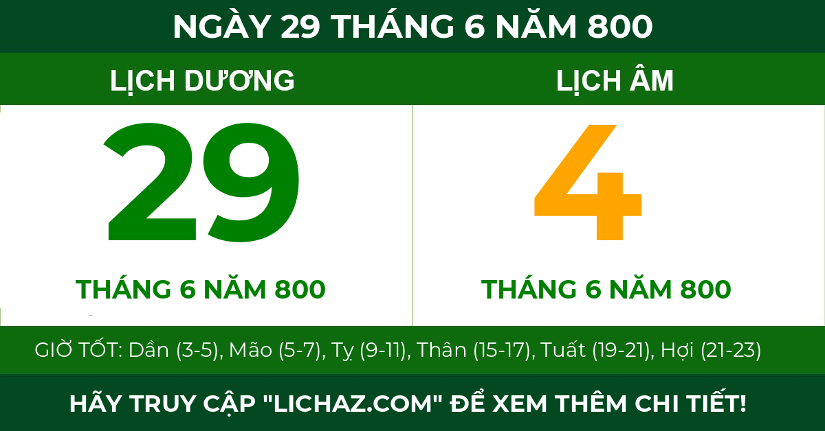 lịch âm ngày 29 tháng 6 năm 800