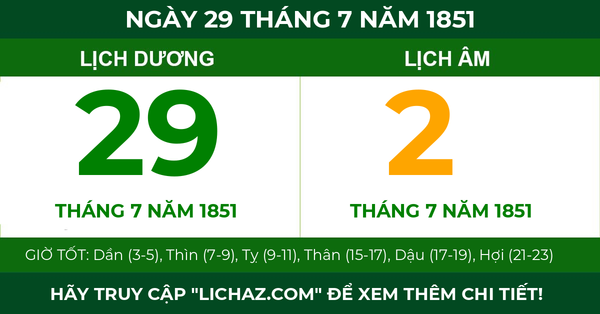 lịch âm ngày 29 tháng 7 năm 1851