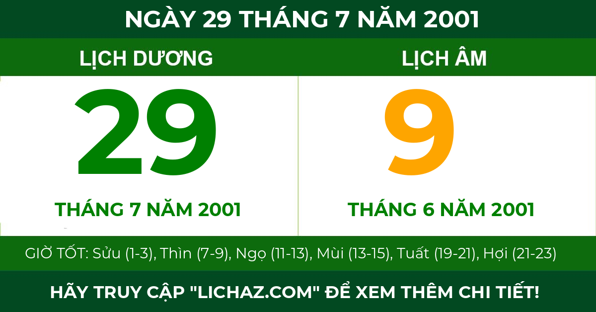 lịch âm ngày 29 tháng 7 năm 2001