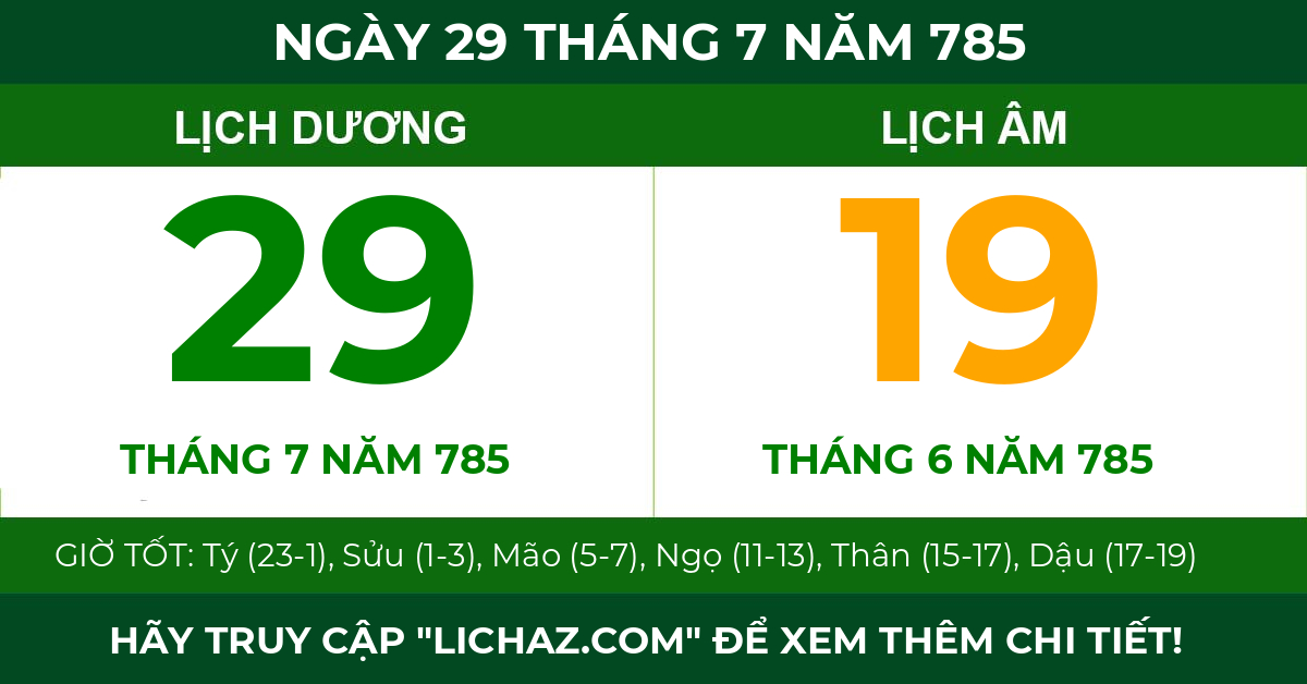 lịch âm ngày 29 tháng 7 năm 785