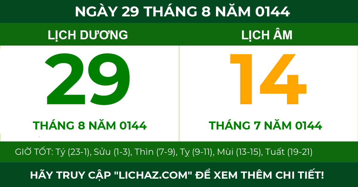 lịch âm ngày 29 tháng 8 năm 0144