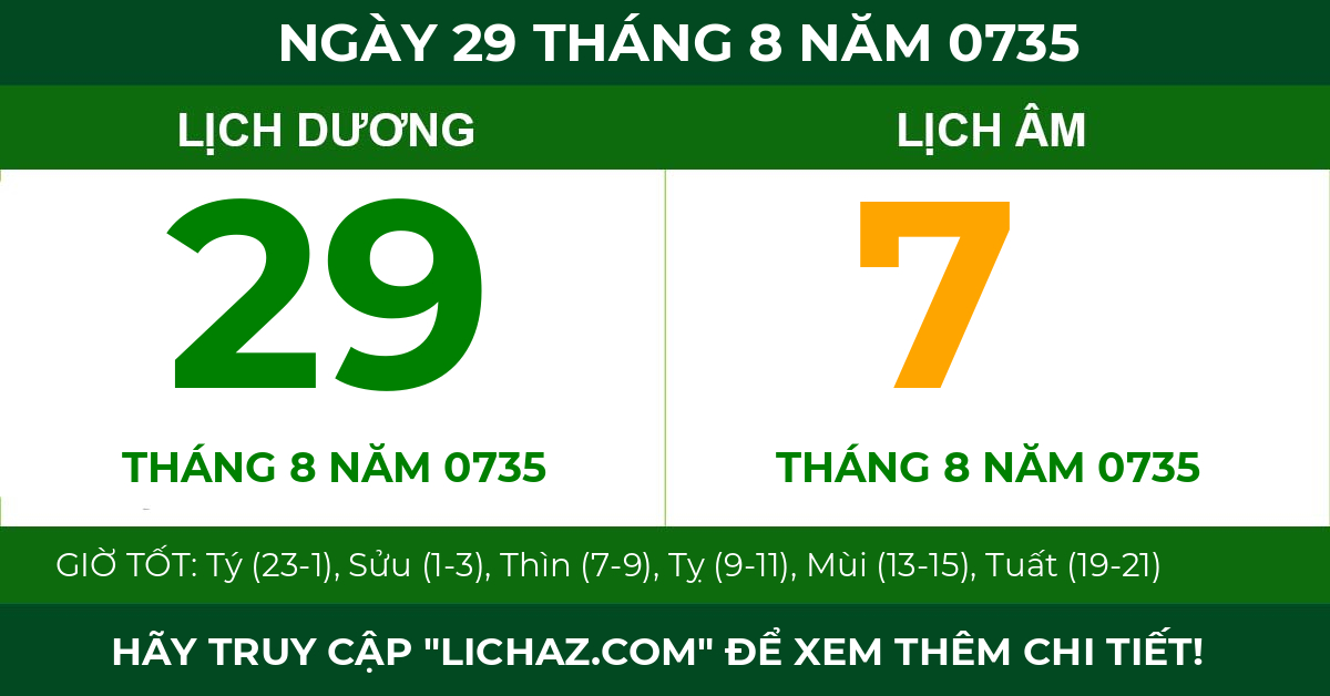 lịch âm ngày 29 tháng 8 năm 0735